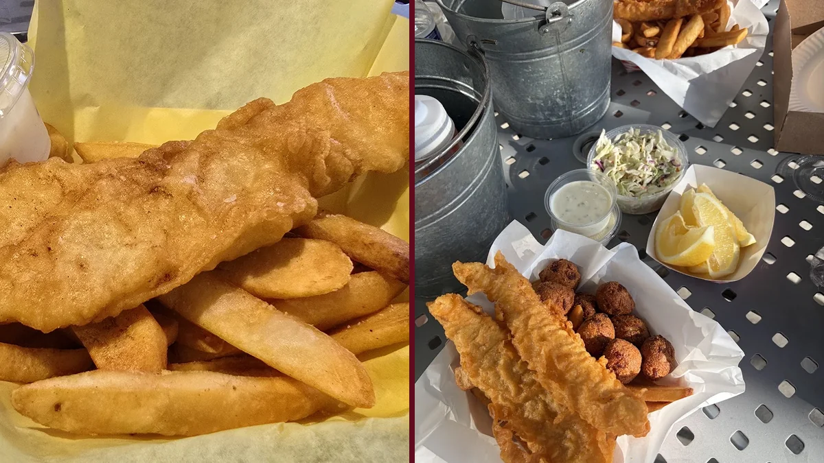 Golden fish and chips on a plain plate.