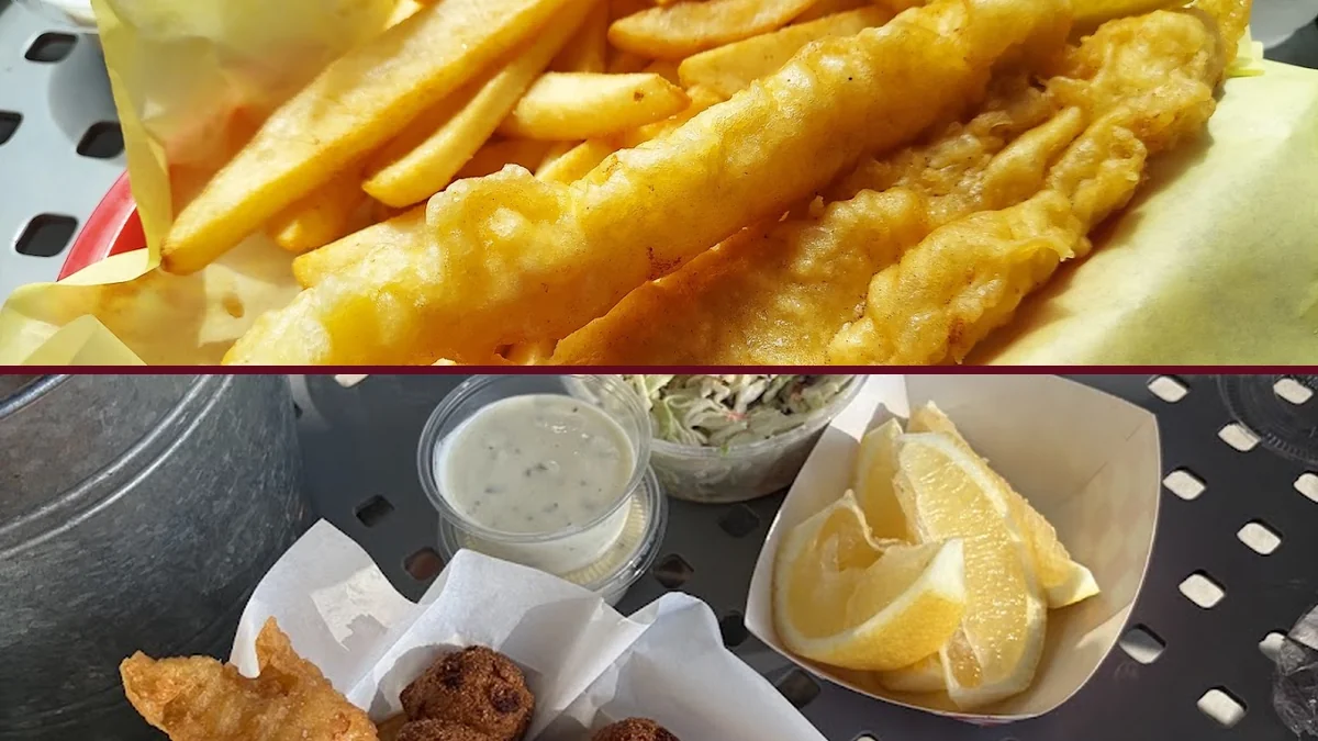 Golden fish and chips on a plain plate.